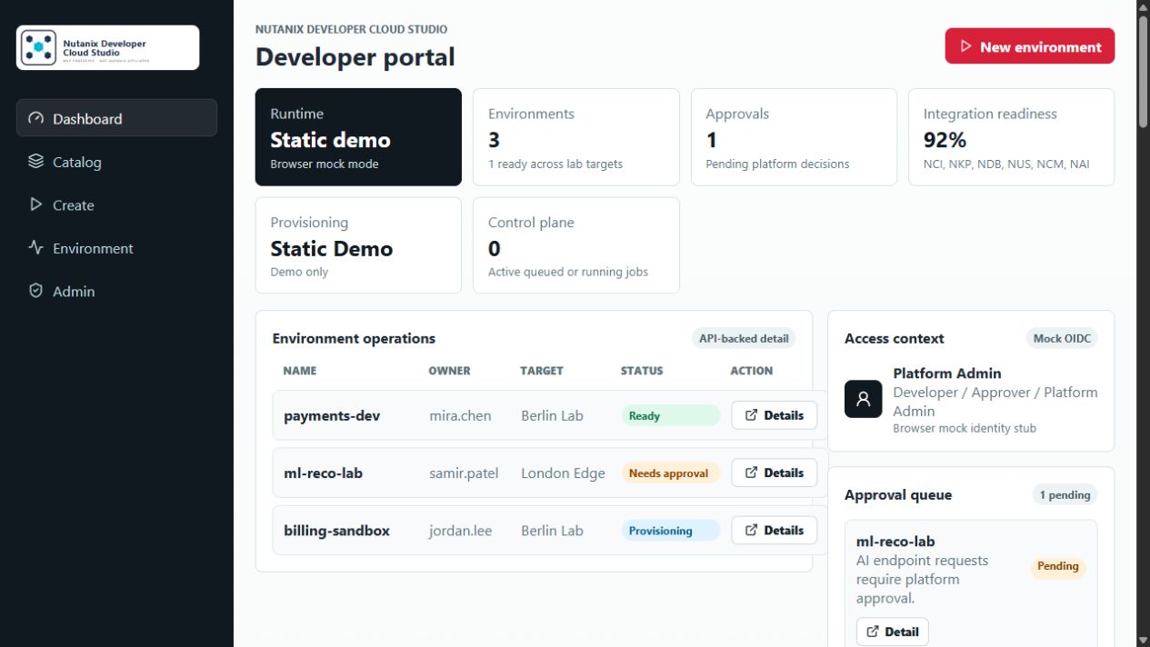 Nutanix Developer Cloud Studio live demo showing developer portal environment operations and approval queue.