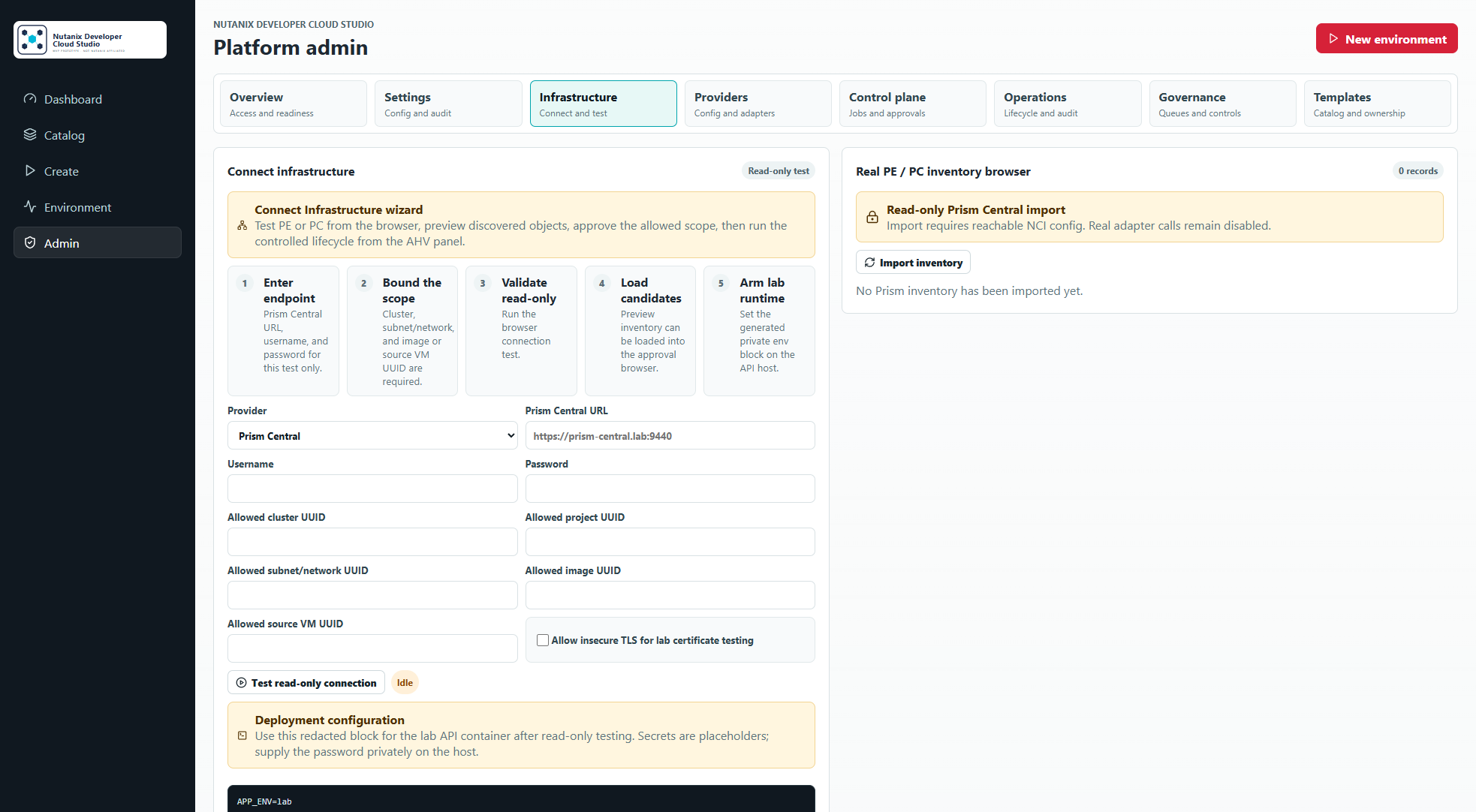 Nutanix Developer Cloud Studio v10.5.0 admin infrastructure view showing lab profiles, Prism readiness, scope approval, and guided AHV lifecycle controls.