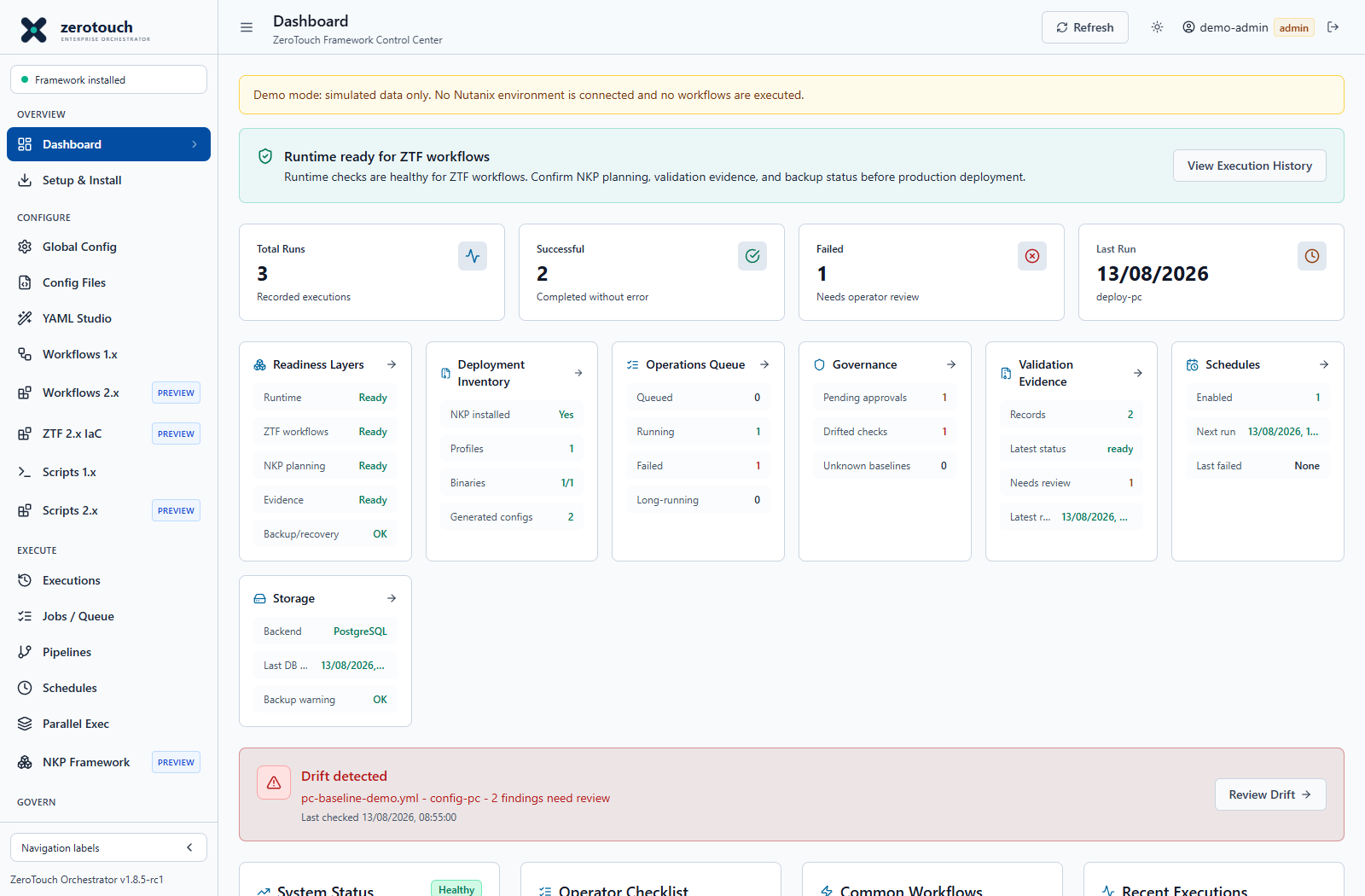 v1.8.5-rc1 simulated controlled-UAT candidate screen: dashboard showing sample runtime, jobs, governance and readiness data.